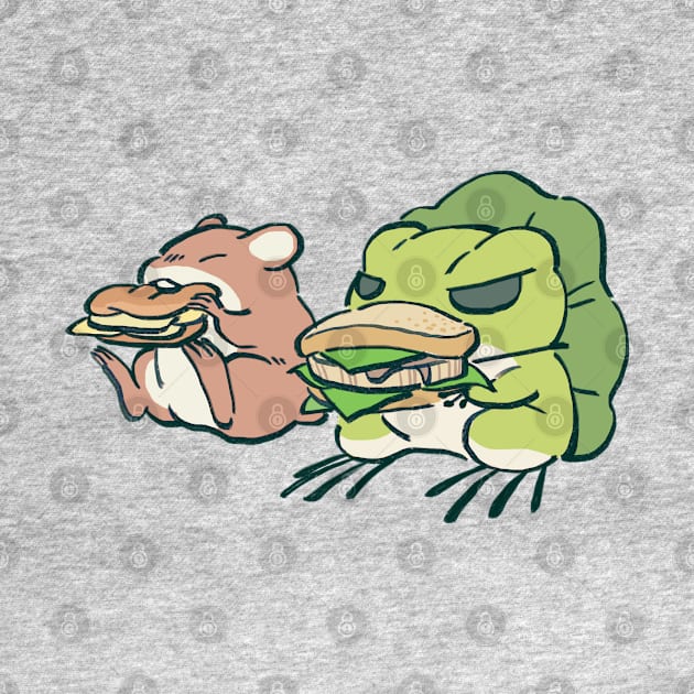 traveling frog eating sandwich lunch with mouse / tabi kaeru by mudwizard